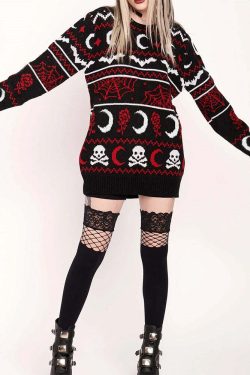Y2K Gothic Moon Skull Knitted Sweater - Retro 90s Grunge, Dark Y2K Fashion, Pastel Goth Style