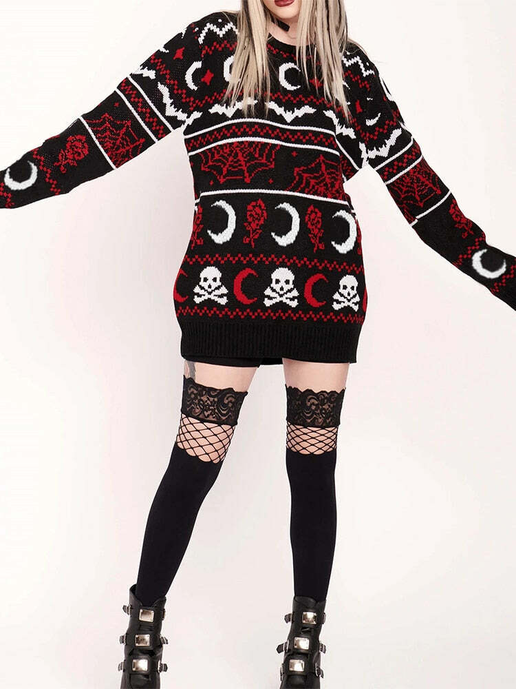 Y2K Gothic Moon Skull Knitted Sweater - Retro 90s Grunge, Dark Y2K Fashion, Pastel Goth Style