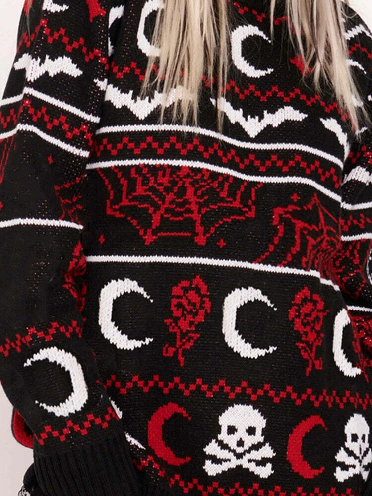 Y2K Gothic Moon Skull Knitted Sweater - Retro 90s Grunge, Dark Y2K Fashion, Pastel Goth Style