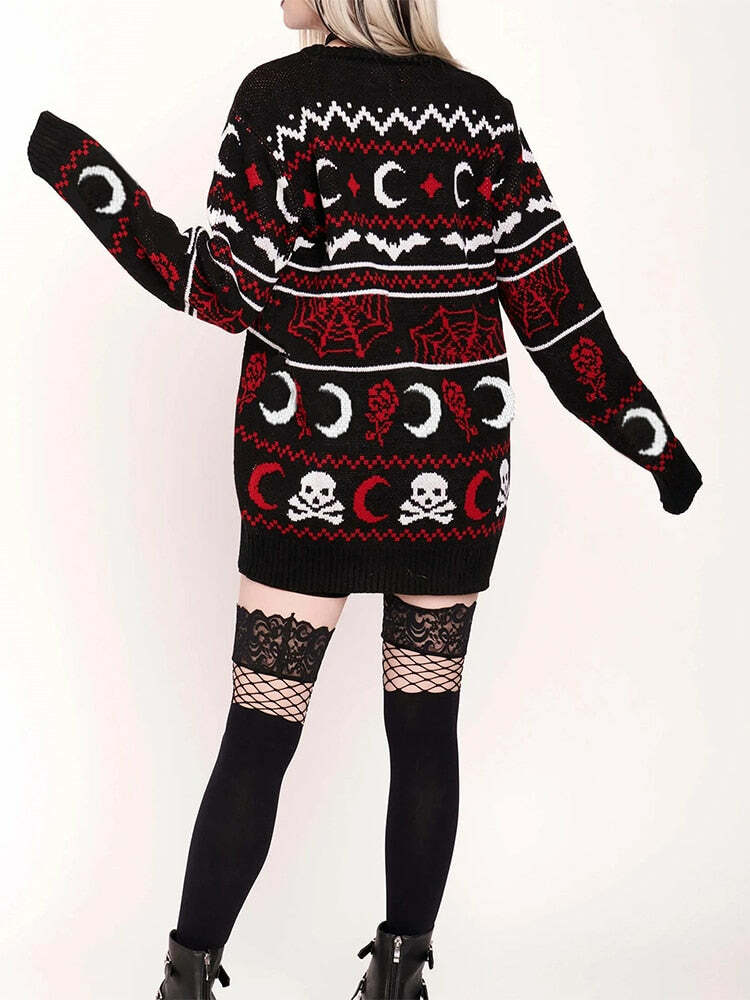 Y2K Gothic Moon Skull Knitted Sweater - Retro 90s Grunge, Dark Y2K Fashion, Pastel Goth Style