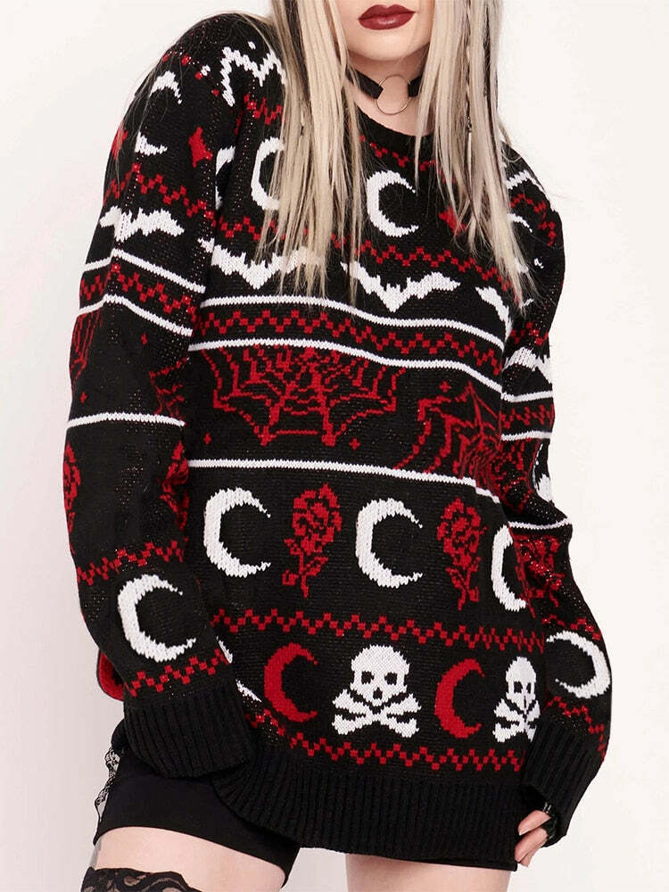 Y2K Gothic Moon Skull Knitted Sweater - Retro 90s Grunge, Dark Y2K Fashion, Pastel Goth Style