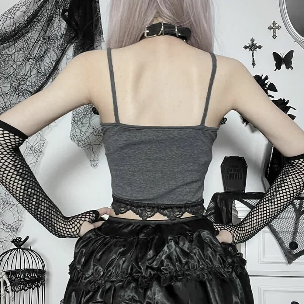 Y2K Gothic Moth Skull Lace Trim Crop Top - Retro 90s Grunge, Pastel Goth, Y2K Party Outfit