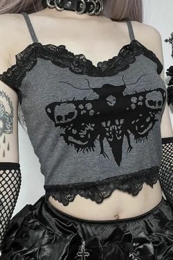 Y2K Gothic Moth Skull Lace Trim Crop Top - Retro 90s Grunge, Pastel Goth, Y2K Party Outfit