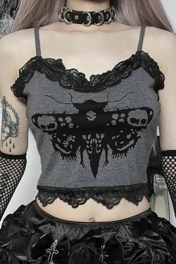 Y2K Gothic Moth Skull Lace Trim Crop Top - Retro 90s Grunge, Pastel Goth, Y2K Party Outfit