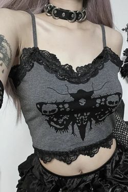 Y2K Gothic Moth Skull Lace Trim Crop Top - Retro 90s Grunge, Pastel Goth, Y2K Party Outfit