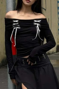 Y2K Gothic Off-Shoulder Long Sleeve Top - Retro 90s Grunge Fashion for Summer Outfits
