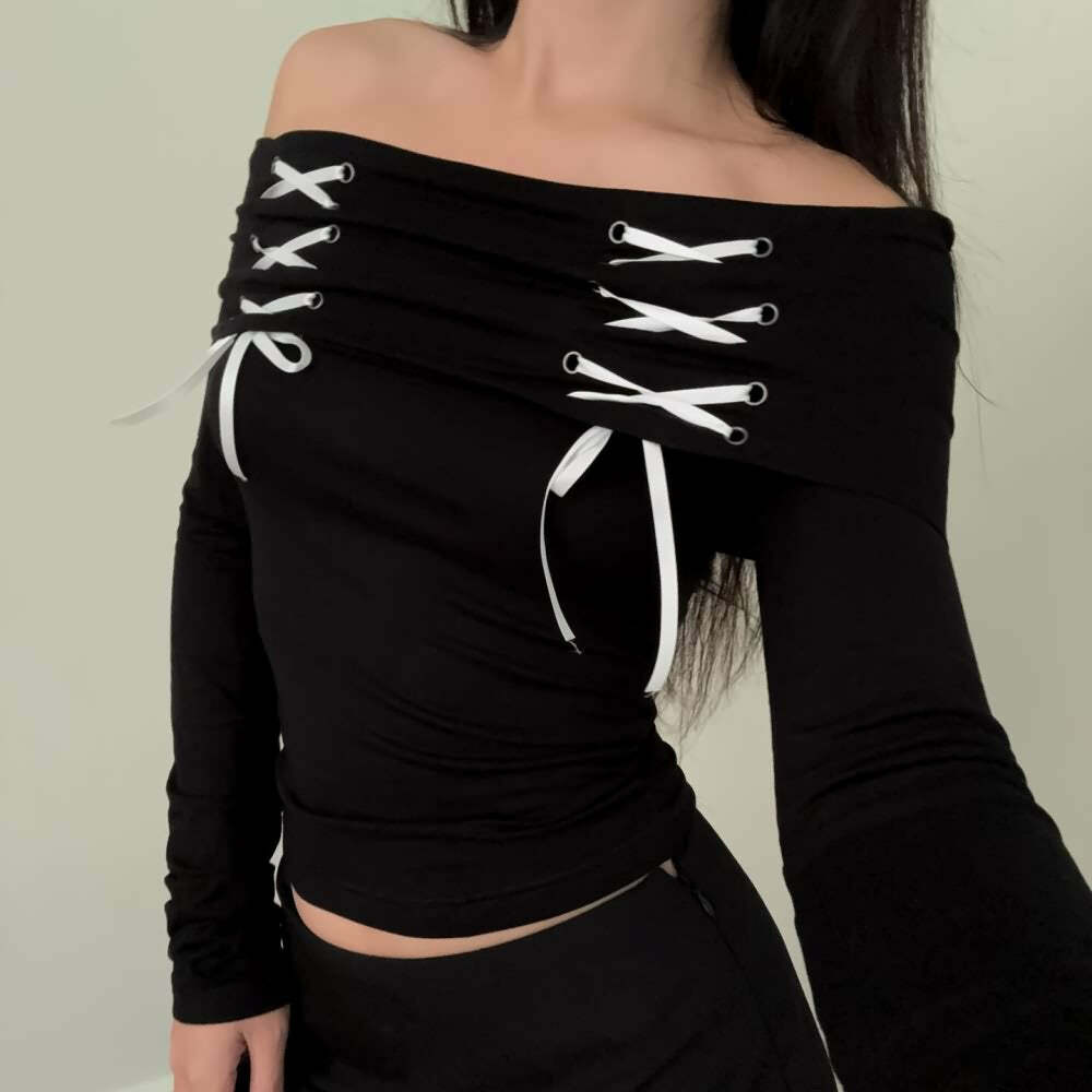 Y2K Gothic Off-Shoulder Long Sleeve Top - Retro 90s Grunge Fashion for Summer Outfits