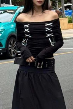Y2K Gothic Off-Shoulder Long Sleeve Top - Retro 90s Grunge Fashion for Summer Outfits