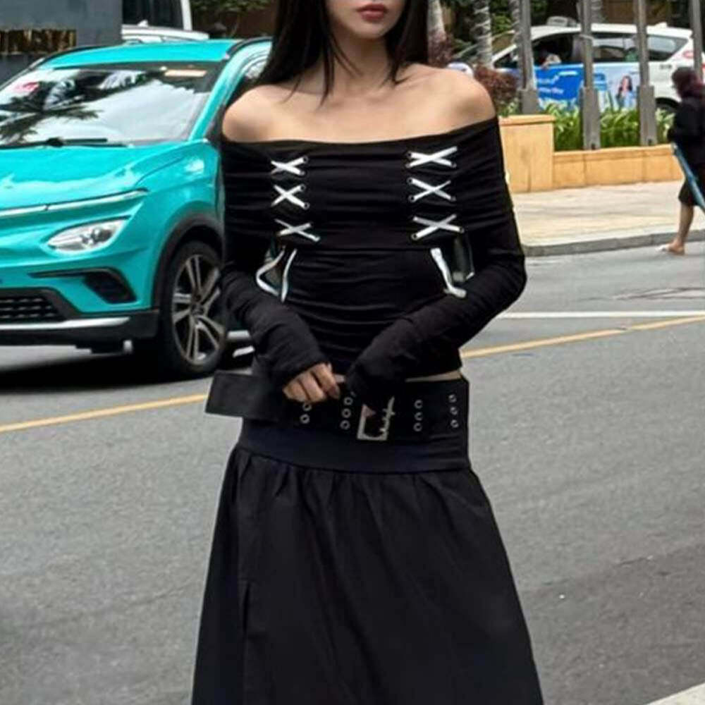 Y2K Gothic Off-Shoulder Long Sleeve Top - Retro 90s Grunge Fashion for Summer Outfits