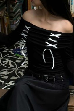 Y2K Gothic Off-Shoulder Long Sleeve Top - Retro 90s Grunge Fashion for Summer Outfits