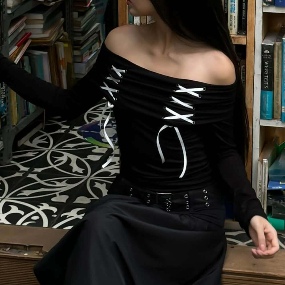 Y2K Gothic Off-Shoulder Long Sleeve Top - Retro 90s Grunge Fashion for Summer Outfits