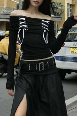 Y2K Gothic Off-Shoulder Long Sleeve Top - Retro 90s Grunge Fashion for Summer Outfits