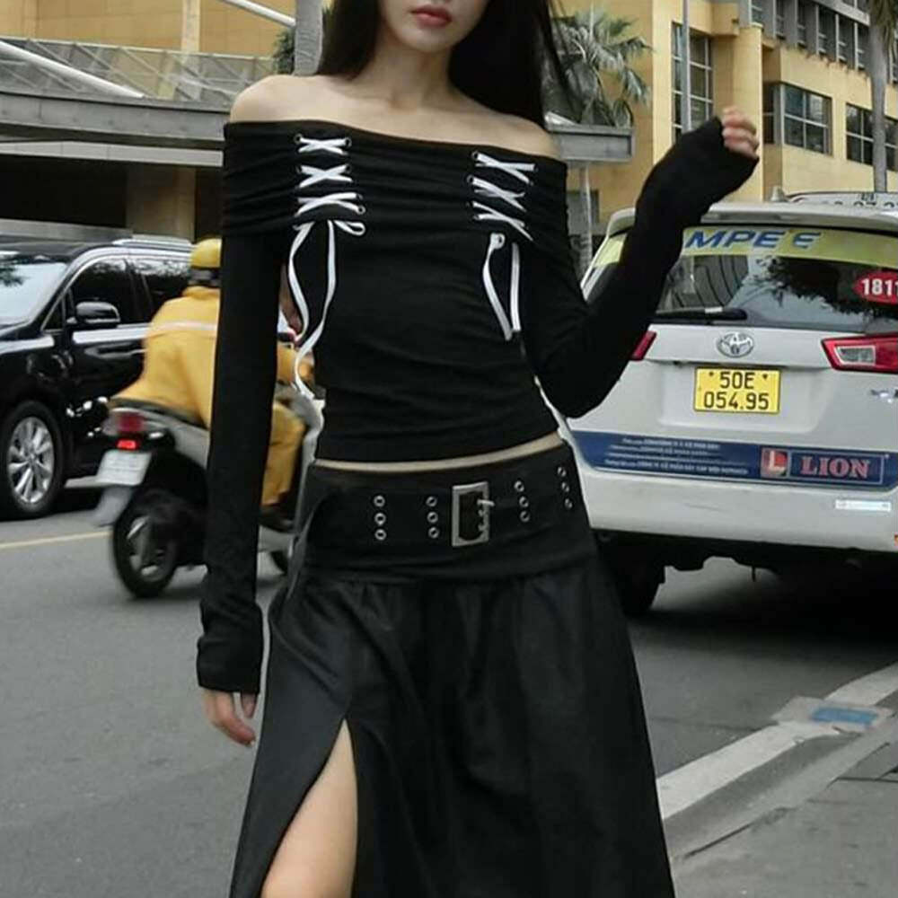 Y2K Gothic Off-Shoulder Long Sleeve Top - Retro 90s Grunge Fashion for Summer Outfits