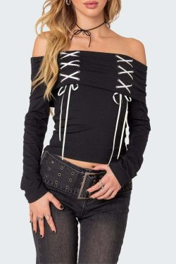 Y2K Gothic Off-Shoulder Long Sleeve Top - Retro 90s Grunge Fashion for Summer Outfits