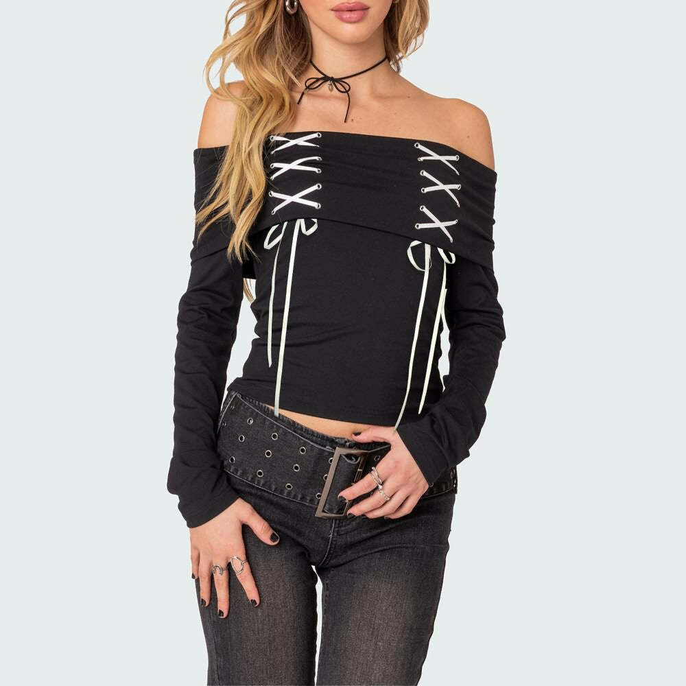 Y2K Gothic Off-Shoulder Long Sleeve Top - Retro 90s Grunge Fashion for Summer Outfits