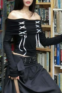Y2K Gothic Off-Shoulder Long Sleeve Top - Retro 90s Grunge Fashion for Summer Outfits