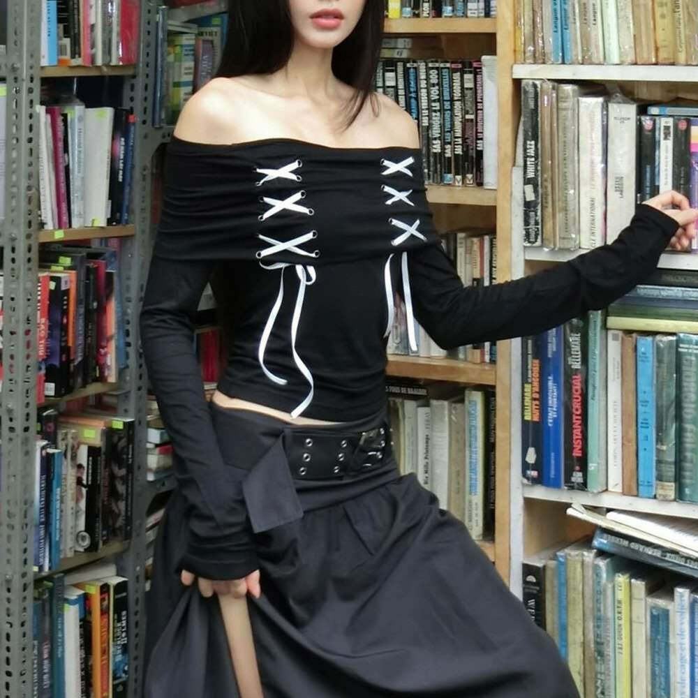 Y2K Gothic Off-Shoulder Long Sleeve Top - Retro 90s Grunge Fashion for Summer Outfits