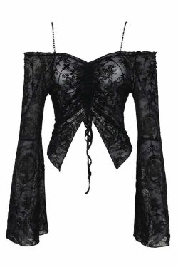 Y2K Gothic Open Shoulder Bell Sleeve Crop Top - 90s Grunge, Retro, Pastel Goth Fashion