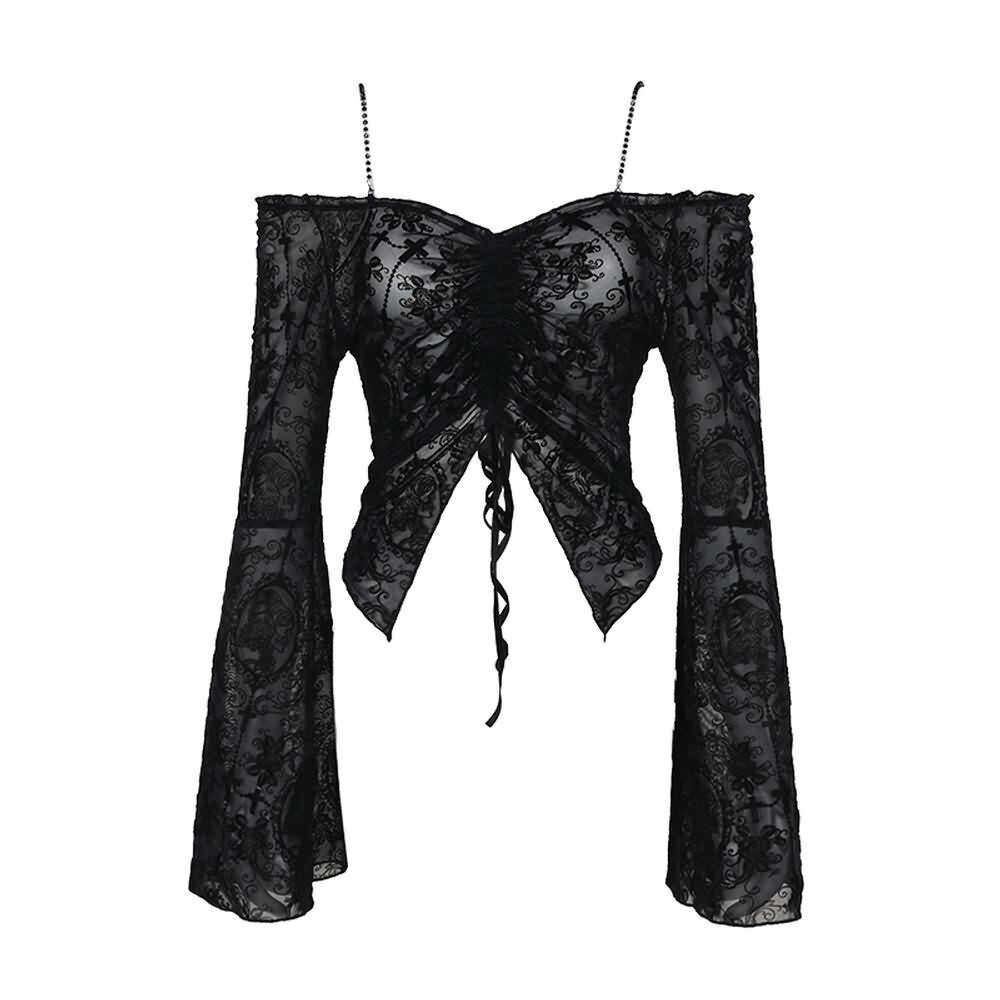 Y2K Gothic Open Shoulder Bell Sleeve Crop Top - 90s Grunge, Retro, Pastel Goth Fashion