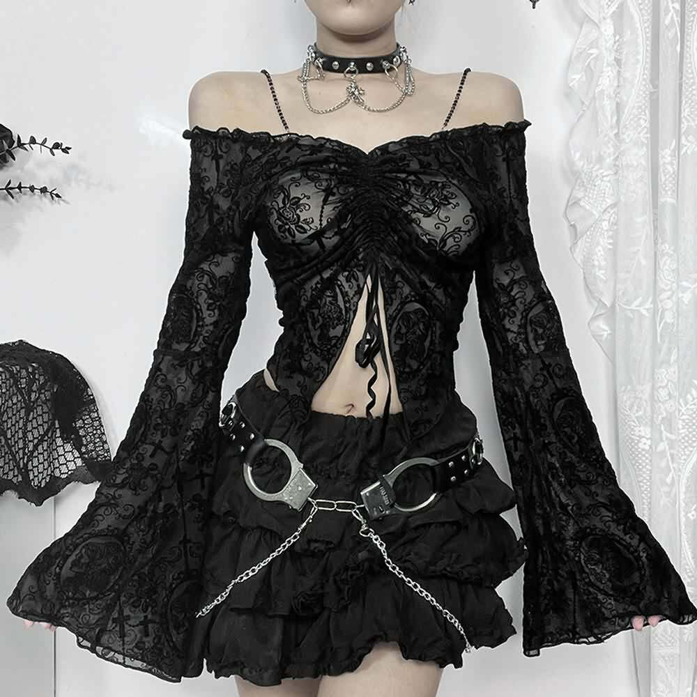 Y2K Gothic Open Shoulder Bell Sleeve Crop Top - 90s Grunge, Retro, Pastel Goth Fashion