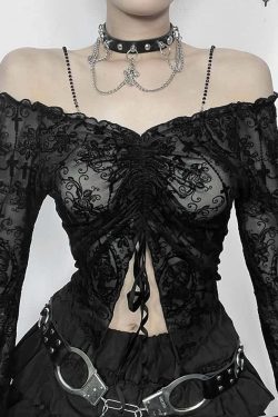 Y2K Gothic Open Shoulder Bell Sleeve Crop Top - 90s Grunge, Retro, Pastel Goth Fashion