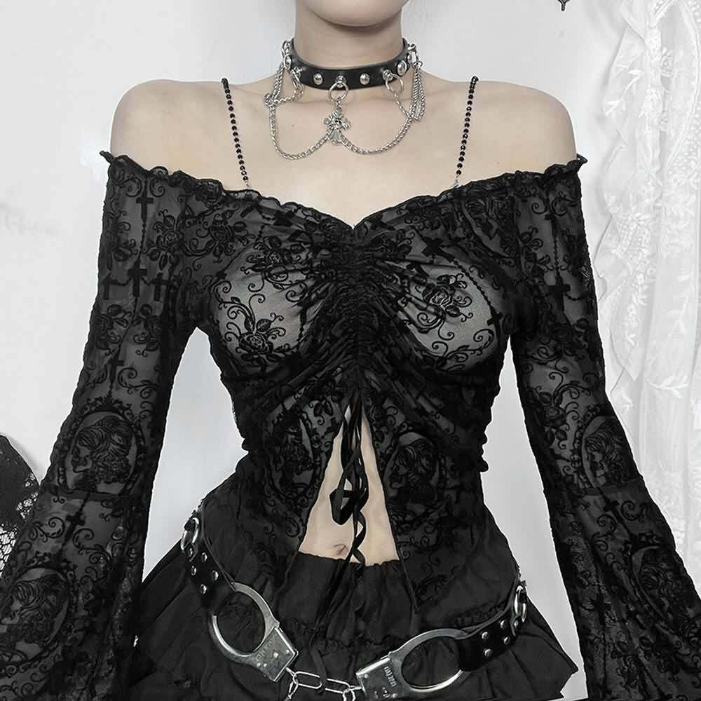 Y2K Gothic Open Shoulder Bell Sleeve Crop Top - 90s Grunge, Retro, Pastel Goth Fashion