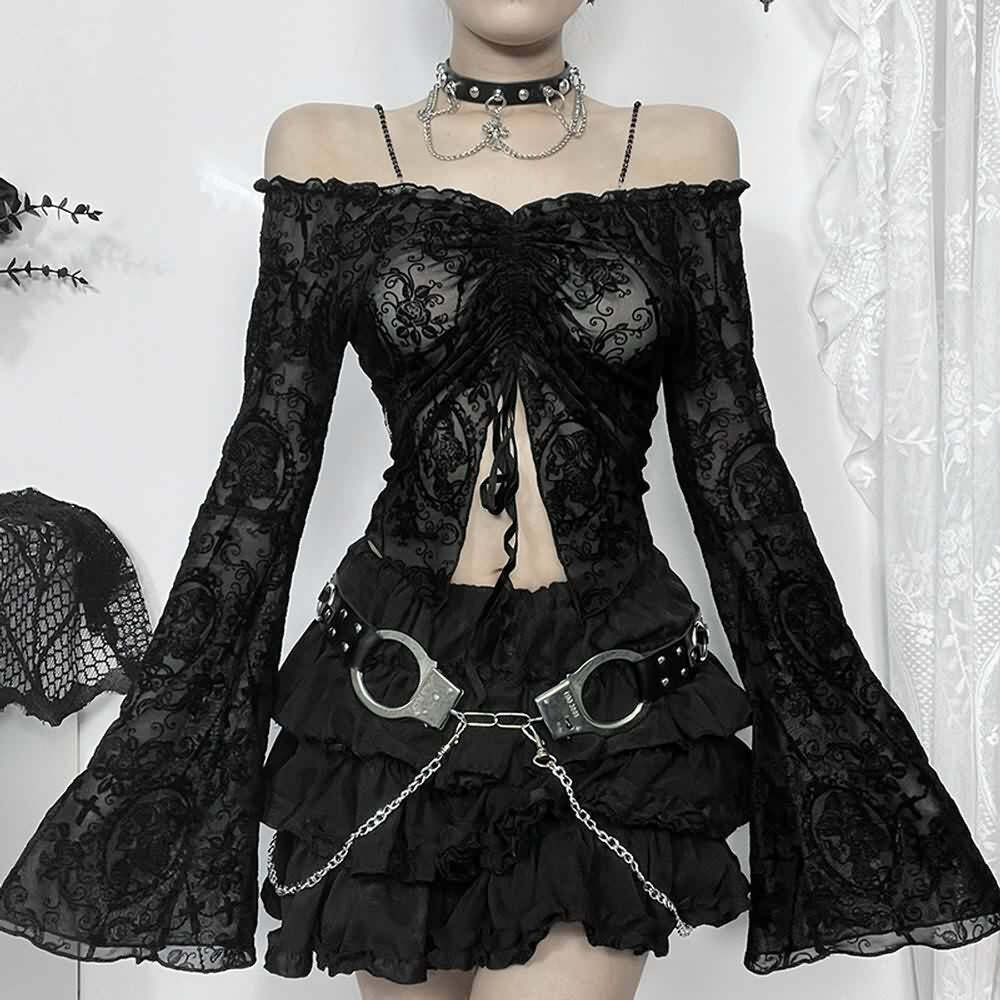 Y2K Gothic Open Shoulder Bell Sleeve Crop Top - 90s Grunge, Retro, Pastel Goth Fashion