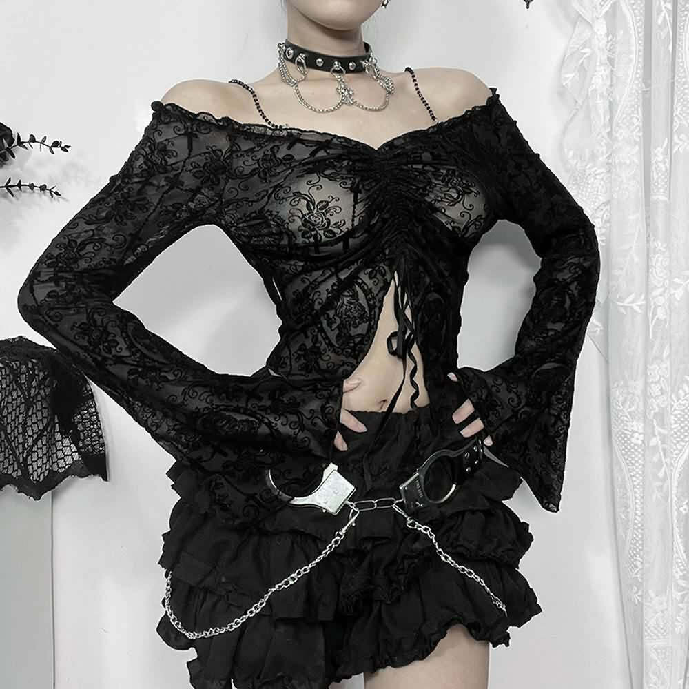 Y2K Gothic Open Shoulder Bell Sleeve Crop Top - 90s Grunge, Retro, Pastel Goth Fashion