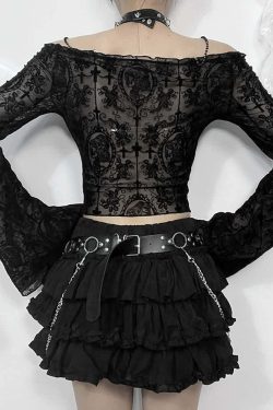 Y2K Gothic Open Shoulder Bell Sleeve Crop Top - 90s Grunge, Retro, Pastel Goth Fashion