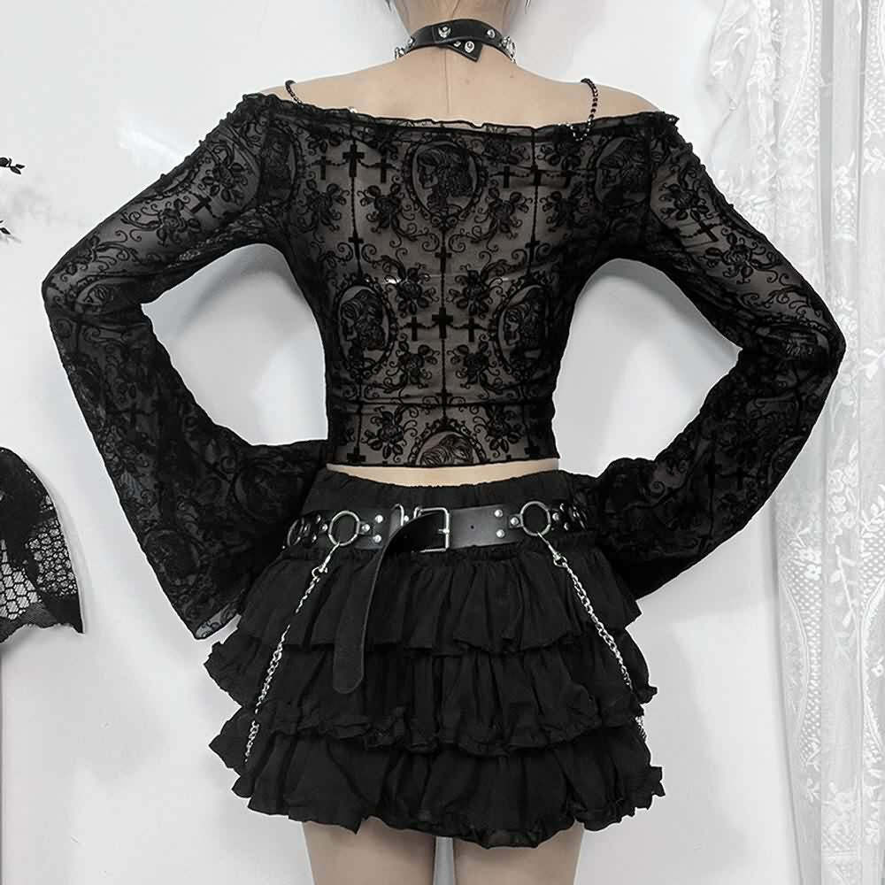 Y2K Gothic Open Shoulder Bell Sleeve Crop Top - 90s Grunge, Retro, Pastel Goth Fashion