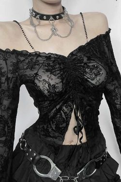 Y2K Gothic Open Shoulder Bell Sleeve Crop Top - 90s Grunge, Retro, Pastel Goth Fashion