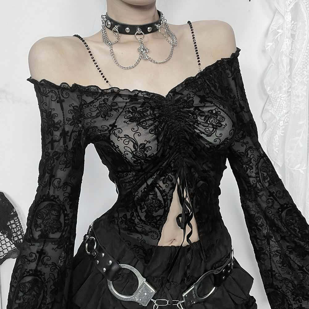 Y2K Gothic Open Shoulder Bell Sleeve Crop Top - 90s Grunge, Retro, Pastel Goth Fashion