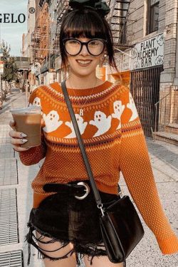 Y2K Gothic Orange Halloween Sweater - Retro 90s Grunge, Pastel Goth, Y2K Party Outfit