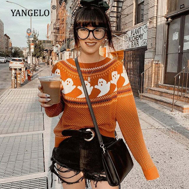 Y2K Gothic Orange Halloween Sweater - Retro 90s Grunge, Pastel Goth, Y2K Party Outfit