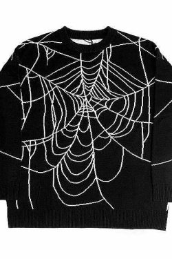 Y2K Gothic Oversized Spider Web Sweater - 90s Grunge, Retro, Pastel Goth, Y2K Fashion