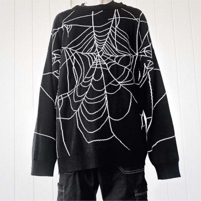 Y2K Gothic Oversized Spider Web Sweater - 90s Grunge, Retro, Pastel Goth, Y2K Fashion