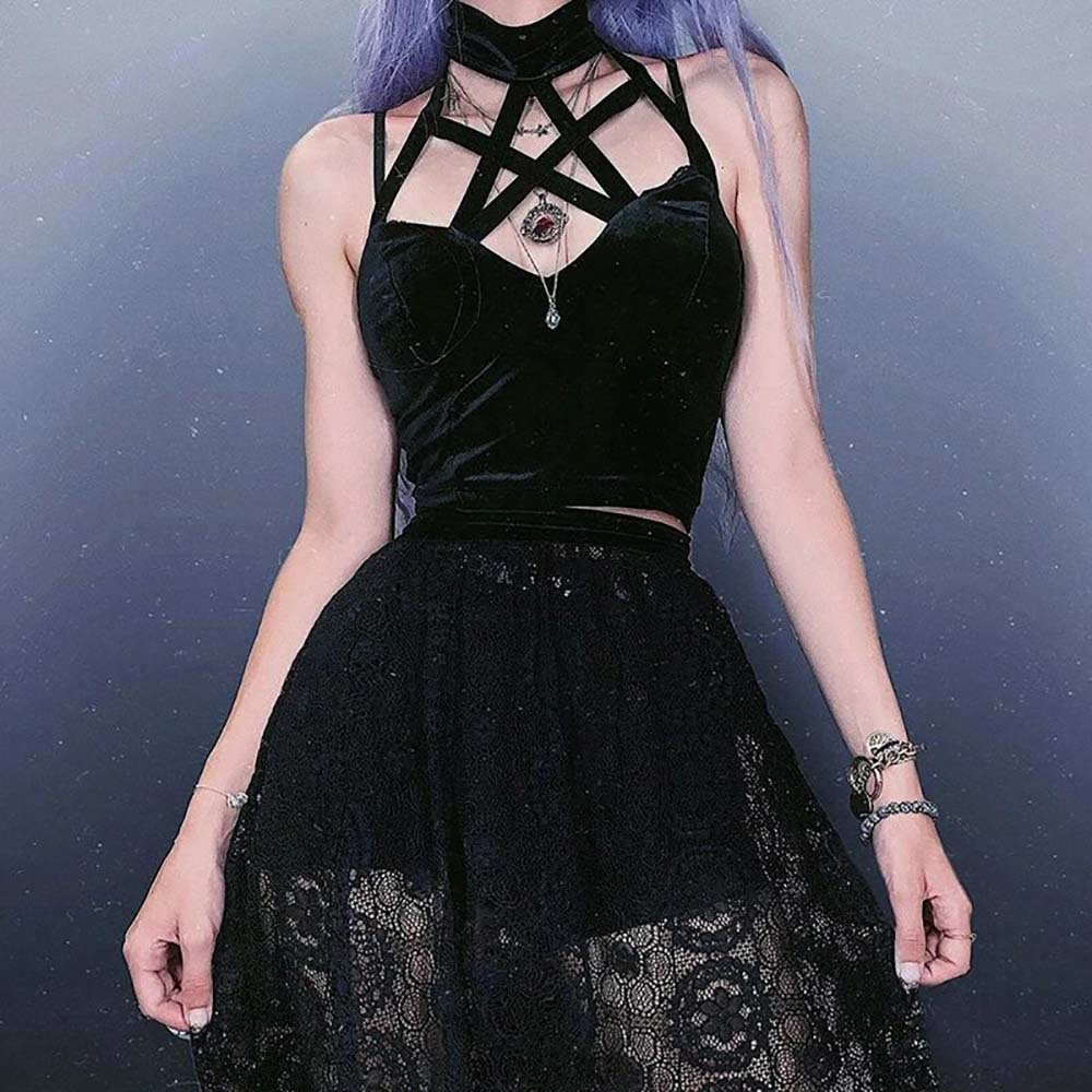 Y2K Gothic Pentagram Halter Top - 90s Grunge, Retro, Pastel Goth, Summer Y2K Fashion
