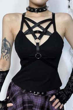 Y2K Gothic Pentagram Harness Crop Top - Retro 90s Grunge, Pastel Goth, Y2K Club Outfit