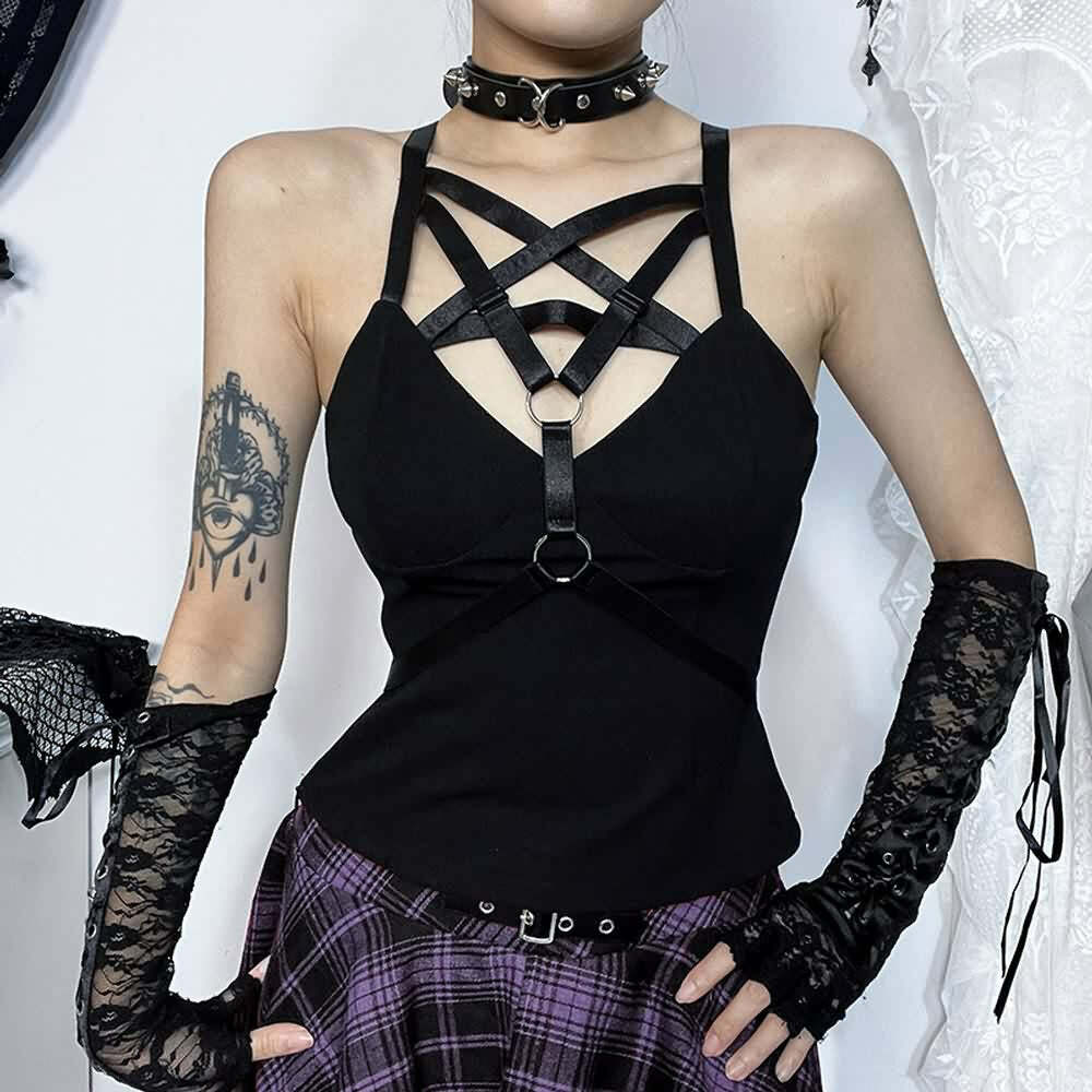 Y2K Gothic Pentagram Harness Crop Top - Retro 90s Grunge, Pastel Goth, Y2K Club Outfit