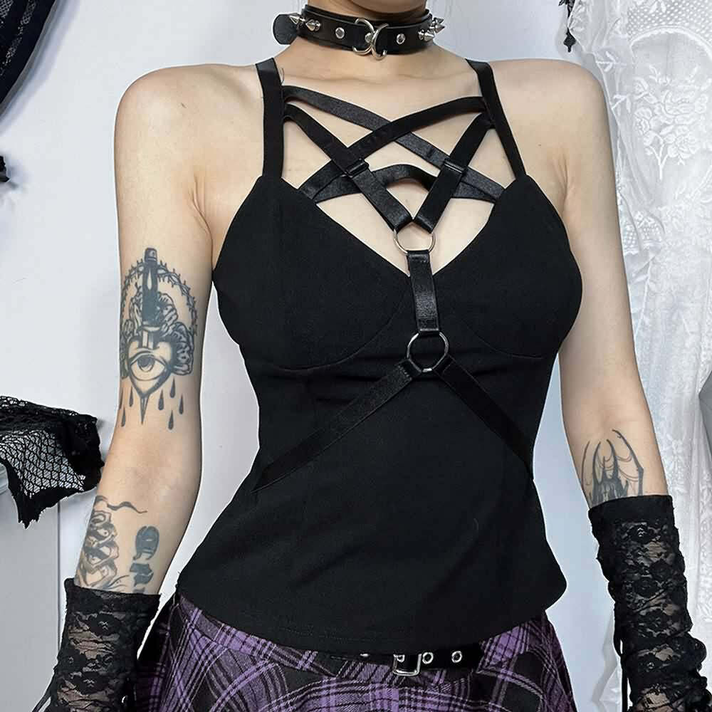 Y2K Gothic Pentagram Harness Crop Top - Retro 90s Grunge, Pastel Goth, Y2K Club Outfit