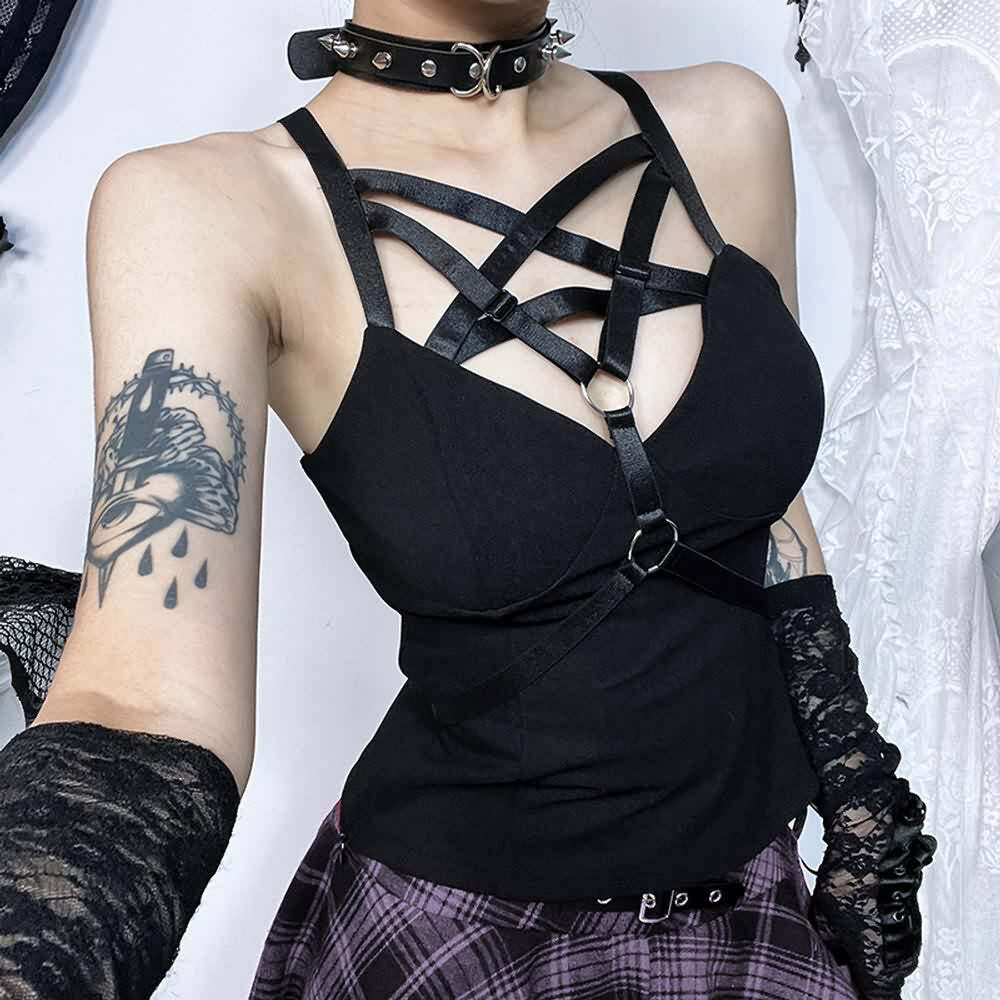 Y2K Gothic Pentagram Harness Crop Top - Retro 90s Grunge, Pastel Goth, Y2K Club Outfit