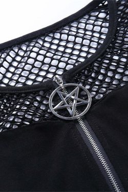 Y2K Gothic Pentagram Mesh Tee - Retro 90s Grunge, Pastel Goth, and Summer Y2K Fashion