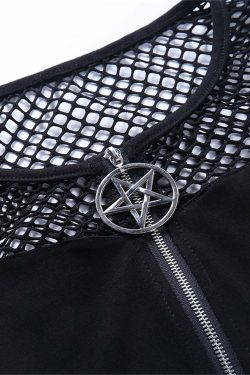 Y2K Gothic Pentagram Mesh Tee - Retro 90s Grunge, Pastel Goth, and Summer Y2K Fashion