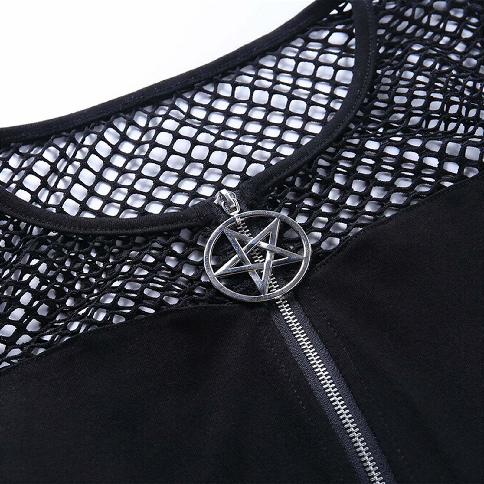 Y2K Gothic Pentagram Mesh Tee - Retro 90s Grunge, Pastel Goth, and Summer Y2K Fashion