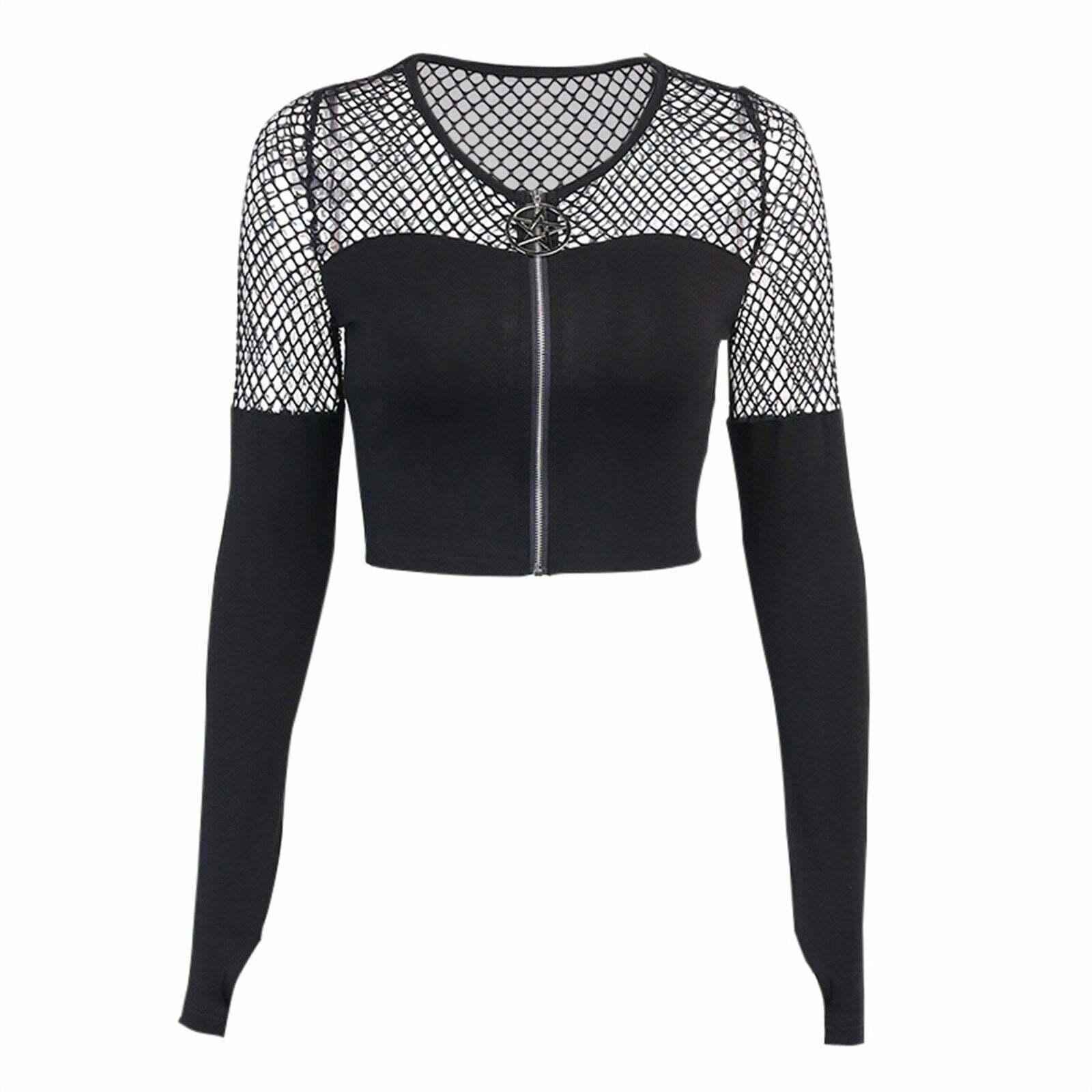 Y2K Gothic Pentagram Mesh Tee - Retro 90s Grunge, Pastel Goth, and Summer Y2K Fashion