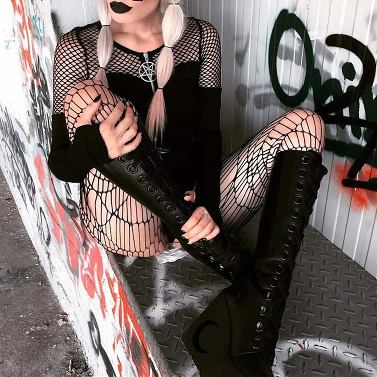 Y2K Gothic Pentagram Mesh Tee - Retro 90s Grunge, Pastel Goth, and Summer Y2K Fashion
