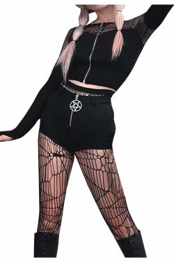 Y2K Gothic Pentagram Mesh Tee - Retro 90s Grunge, Pastel Goth, and Summer Y2K Fashion