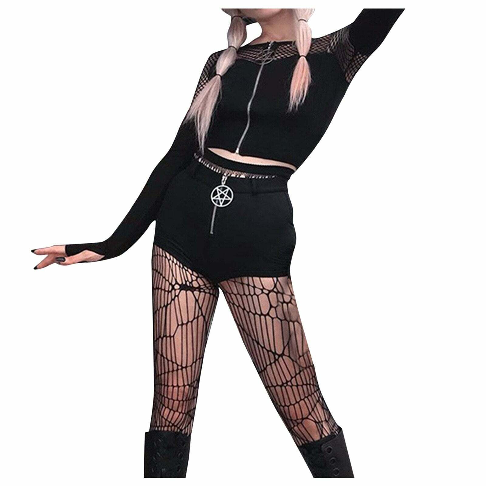 Y2K Gothic Pentagram Mesh Tee - Retro 90s Grunge, Pastel Goth, and Summer Y2K Fashion