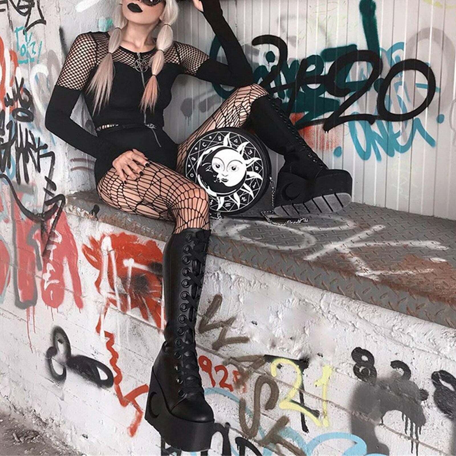 Y2K Gothic Pentagram Mesh Tee - Retro 90s Grunge, Pastel Goth, and Summer Y2K Fashion