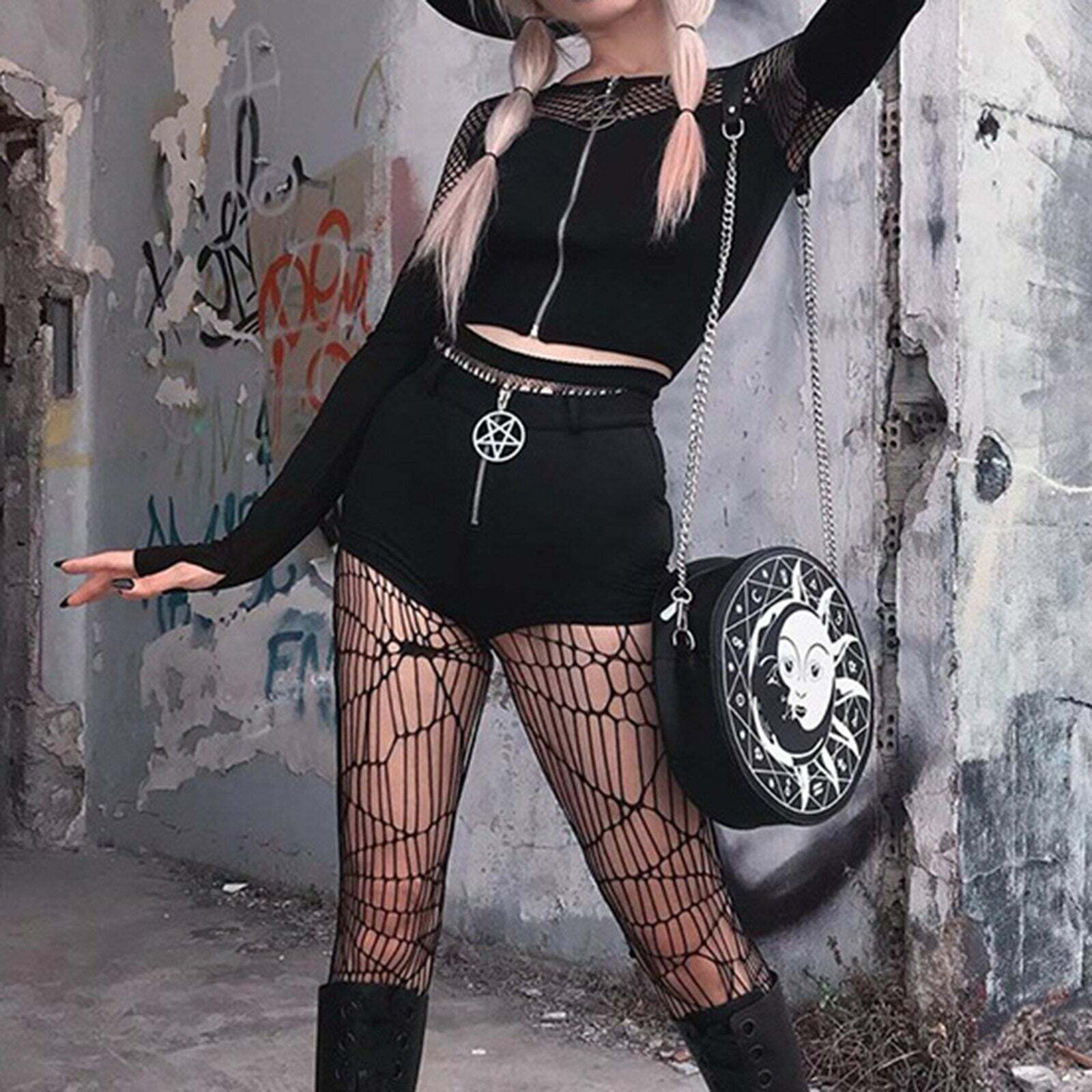 Y2K Gothic Pentagram Mesh Tee - Retro 90s Grunge, Pastel Goth, and Summer Y2K Fashion